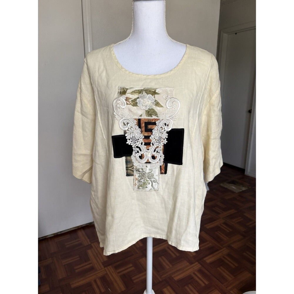 Women’s Vintage Linen Ivory Lace Details Blouse Size  L/XL
